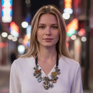 Rodrigo Otazu Angels Flower Charm Necklace Rhinestones Swarovski Leather Black